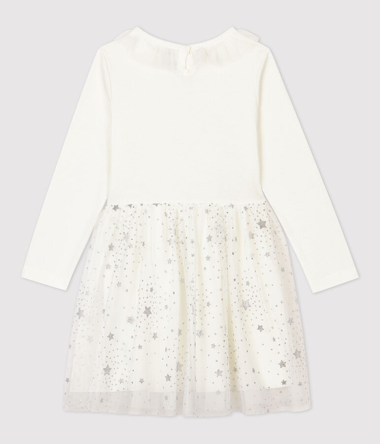 Vestido de manga larga de algod&oacute;n y tul de ni&ntilde;a blanco/gris